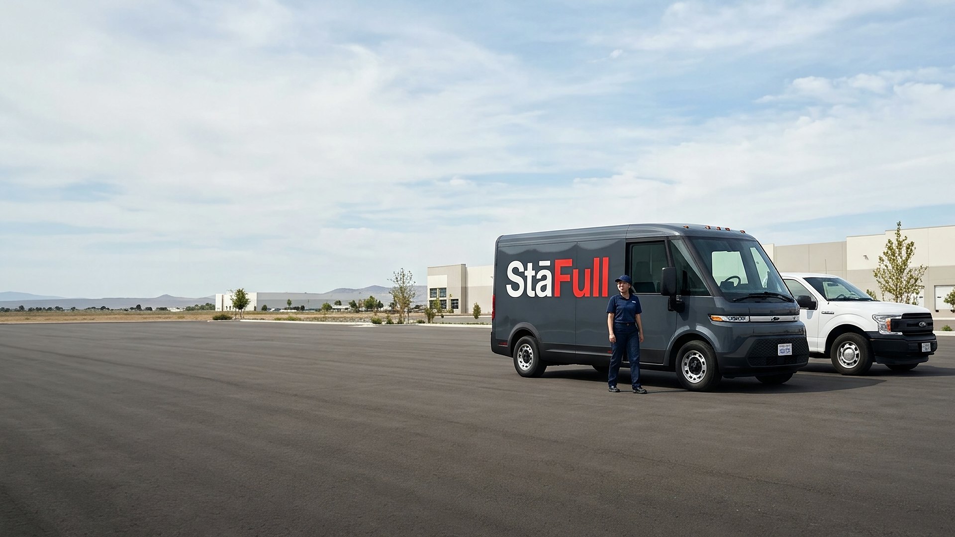 A StaFull electric delivery van and uniformed driver parked beside a customer's pickup truck